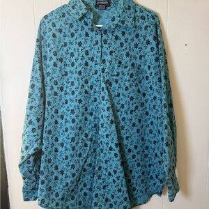 Vintage Teal Blue Floral Button Up Shirt Liz Thomas Plus 20W